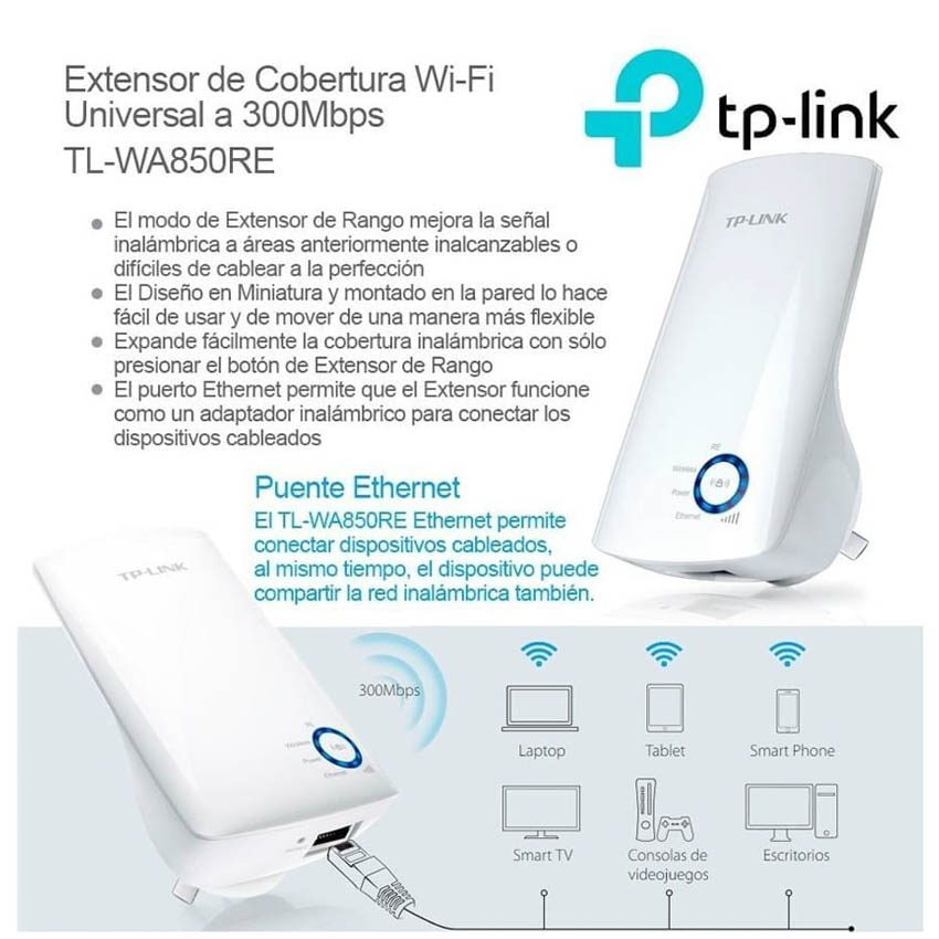TP-Link N300 Tl-WA850RE - Repetidor Extensor de Red WiFi (2.4 GHz, 300  Mbps, Puerto Ethernet, Modo Ap y Extensor, Antenas Internas), Blanco